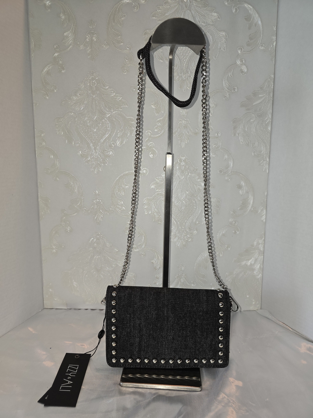 DENIM Black Stud-Trim Chain Shoulder Bag